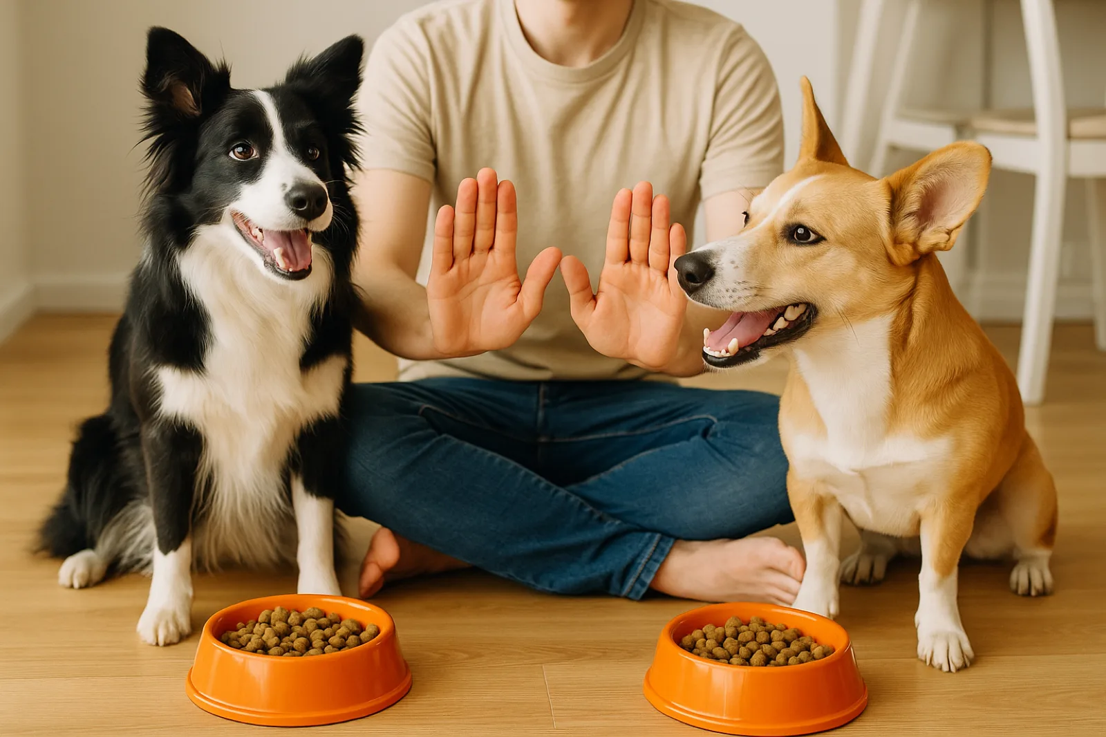 Two dogs eating from separate bowls