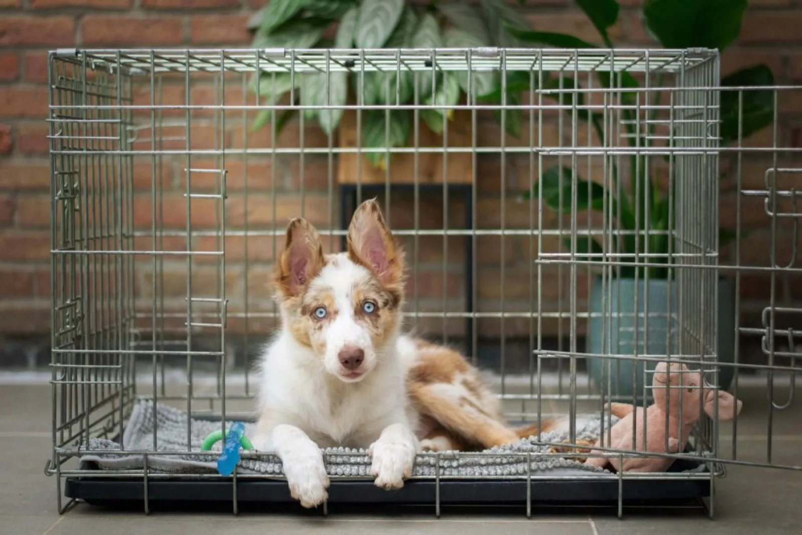Rescue dog resting in a crate